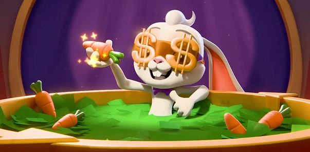 Magius Casino | Ο τυχερός λαγός Magius με δολάρια στα μάτια ανάμεσα σε χρυσά νομίσματα και καρότα